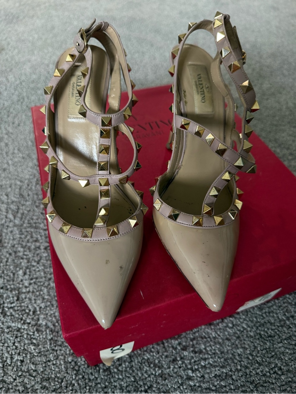 Valentino Nude Patent Leather Rockstud T-Strap Heels with Gold Studs